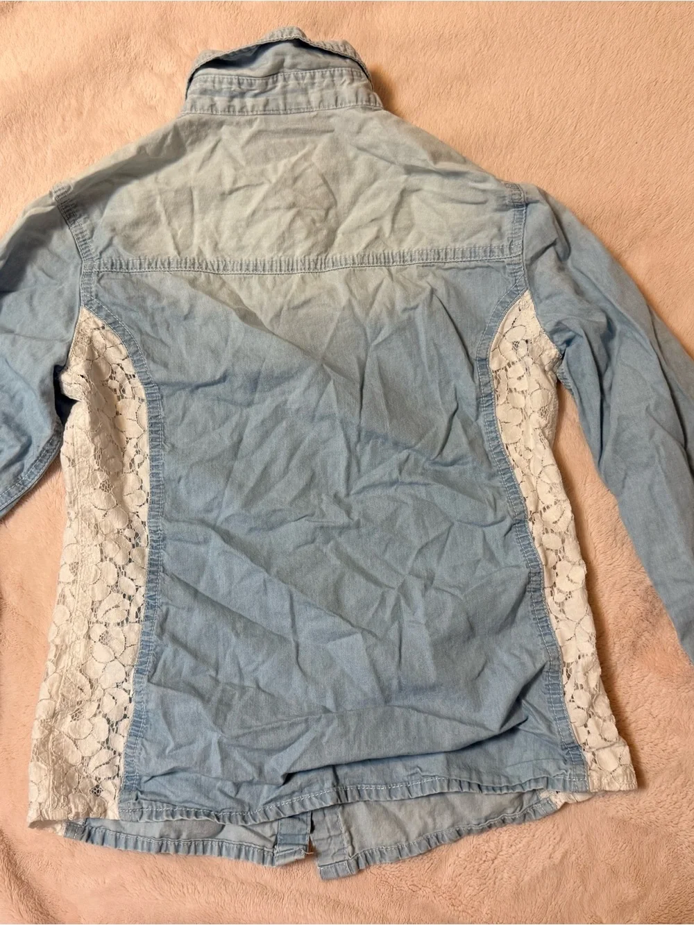 Justice Light Blue Denim Button-Down Shirt with White Lace Panels
